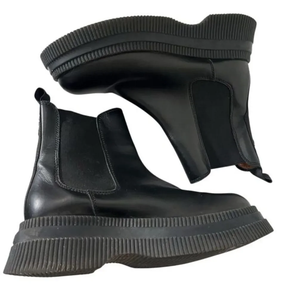 Ganni Black‎ Leather Chelsea Boots Women’s US 8 Platform Lug Sole Grunge